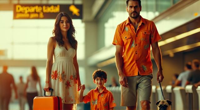 Asian family from Kazakhstan (father mother son and pug) at the airport wearing beach outfit
