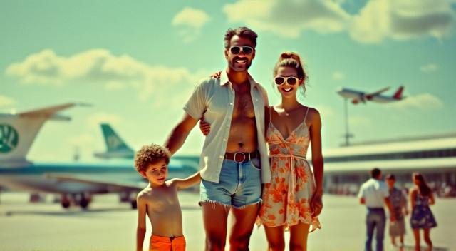 father mother son and pug at the airport wearing beach outfit