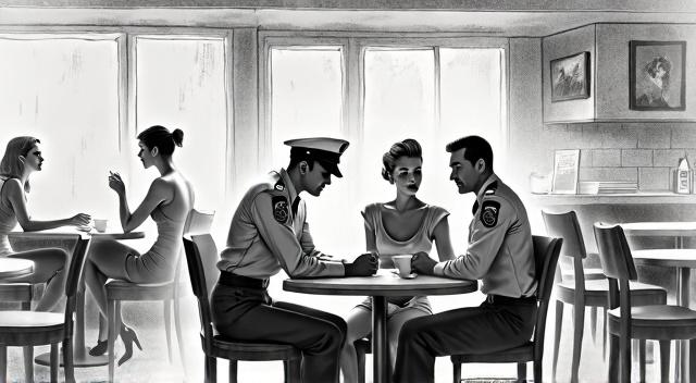 Two officers and two woman are sitting in a restaurant. general shot