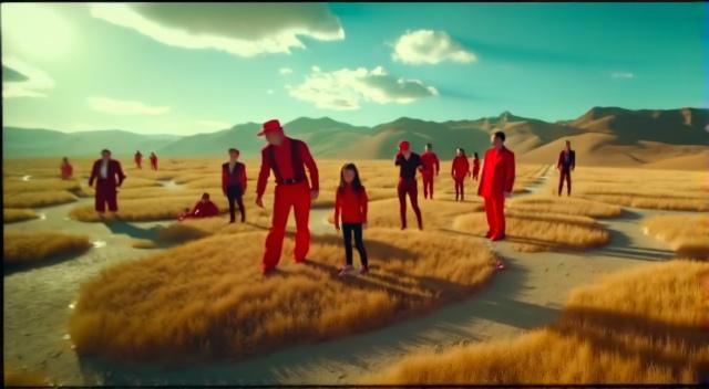 Landscape with people in red clothes