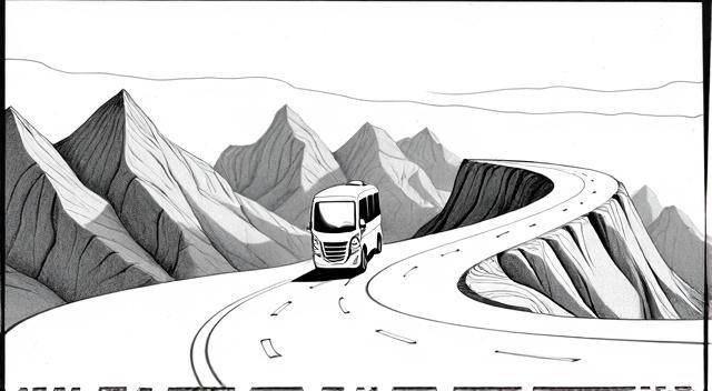 bus on high road with moutains on the background