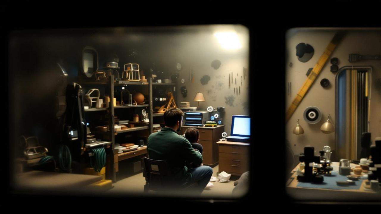 3D machine doing ham in a futuristic ambient and three men with mask
