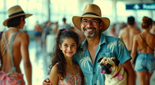Asian family from Kazakhstan (father mother son and pug) at the airport wearing beach outfit
