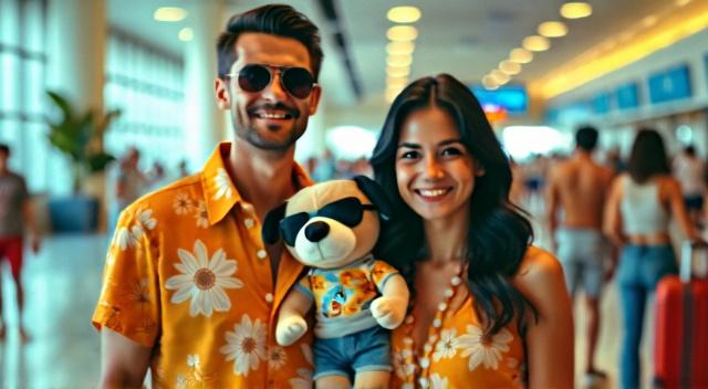 Asian family from Kazakhstan (father mother son and pug) at the airport wearing beach outfit