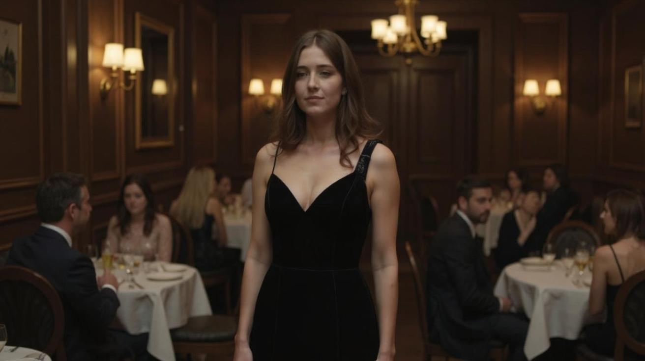 the heroine and put her in exactly the same position in the restaurant. She's wearing an evening dress, and the guests at the tables are admiring her. The composition is the same, the heroine is the same, only now the restaurant is stylish and tastefully decorated.