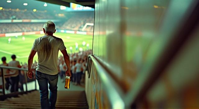 at soccer game stadium realistic a man is holding beers walking to his place at the stadium, the crowd is jumping for a goal infront of the man and he can't see the stadium, realistic