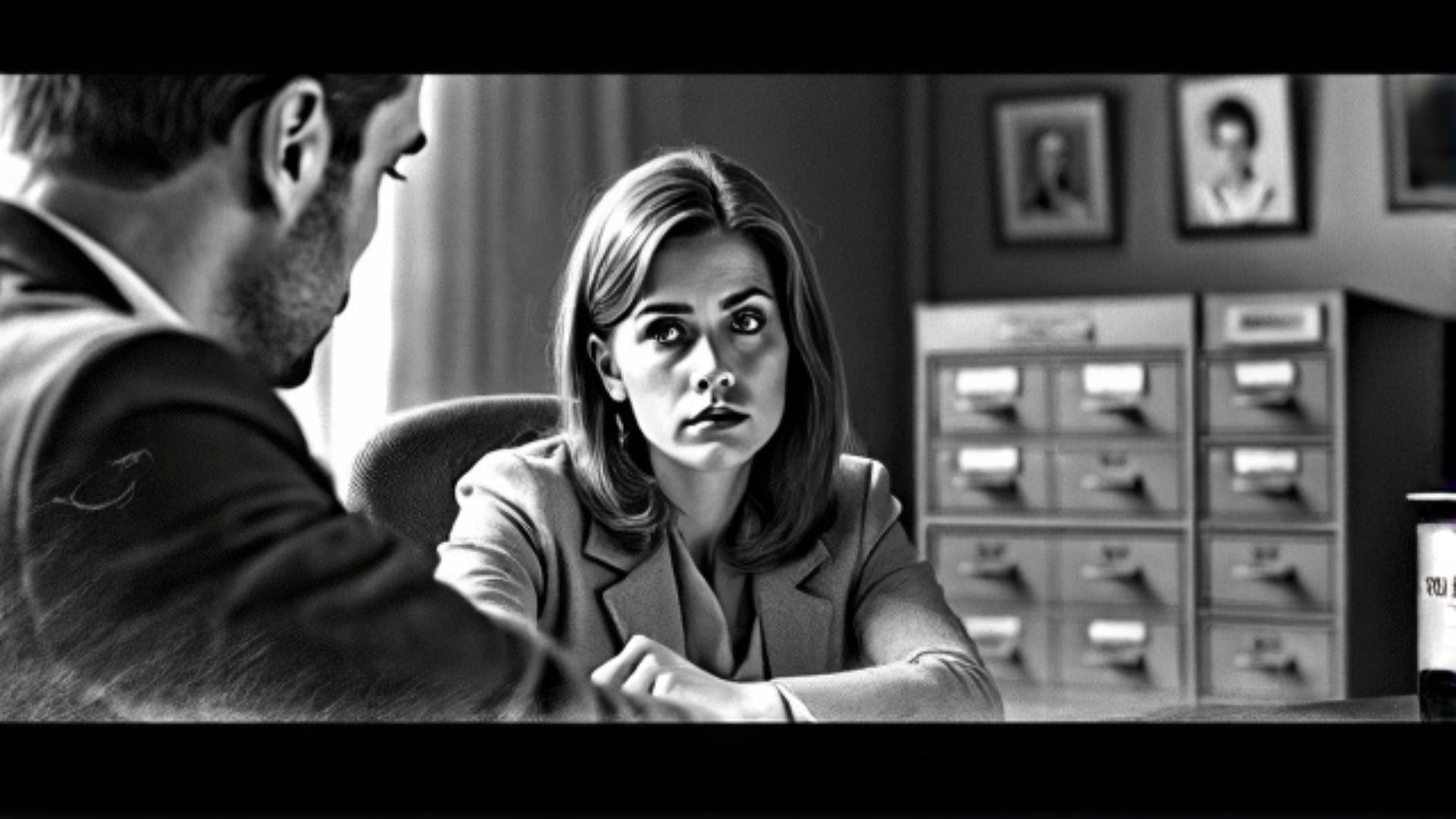 woman looking at her man in the bank office, storyboard style