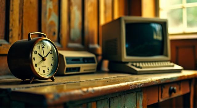 Clock white on the table with computer