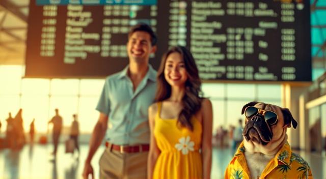Asian family from Kazakhstan (father mother son and pug) at the airport wearing beach outfit