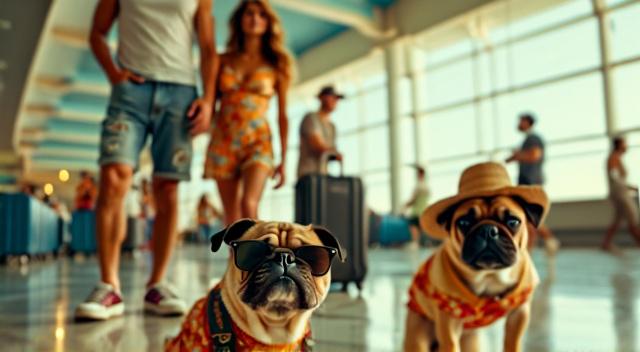 father mother son and pug at the airport wearing beach outfit