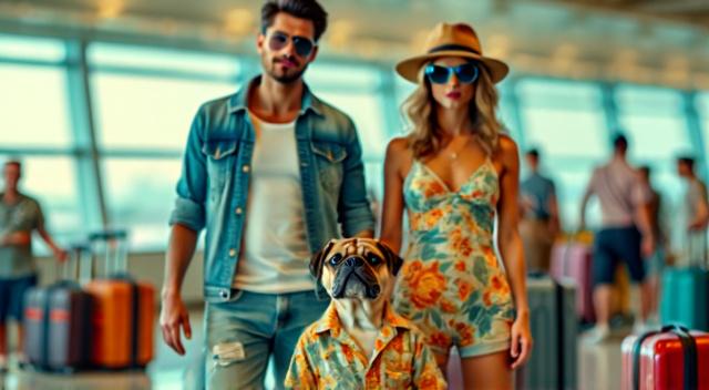 Family from Kazakhstan (father mother son and pug) at the airport wearing beach outfit