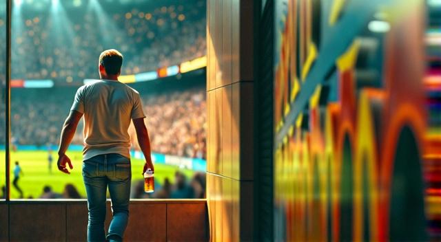 at soccer game stadium realistic a man is holding beers walking to his place at the stadium, the crowd is jumping for a goal infront of the man and he can't see the stadium, realistic