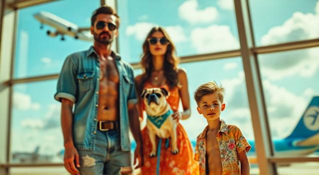kazakh father mother son and pug at the airport wearing beach outfit