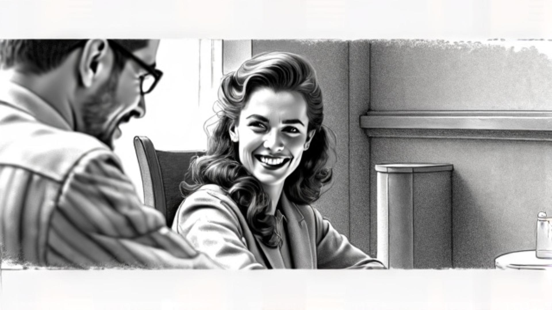 happy woman looking at her man in the bank office, storyboard style