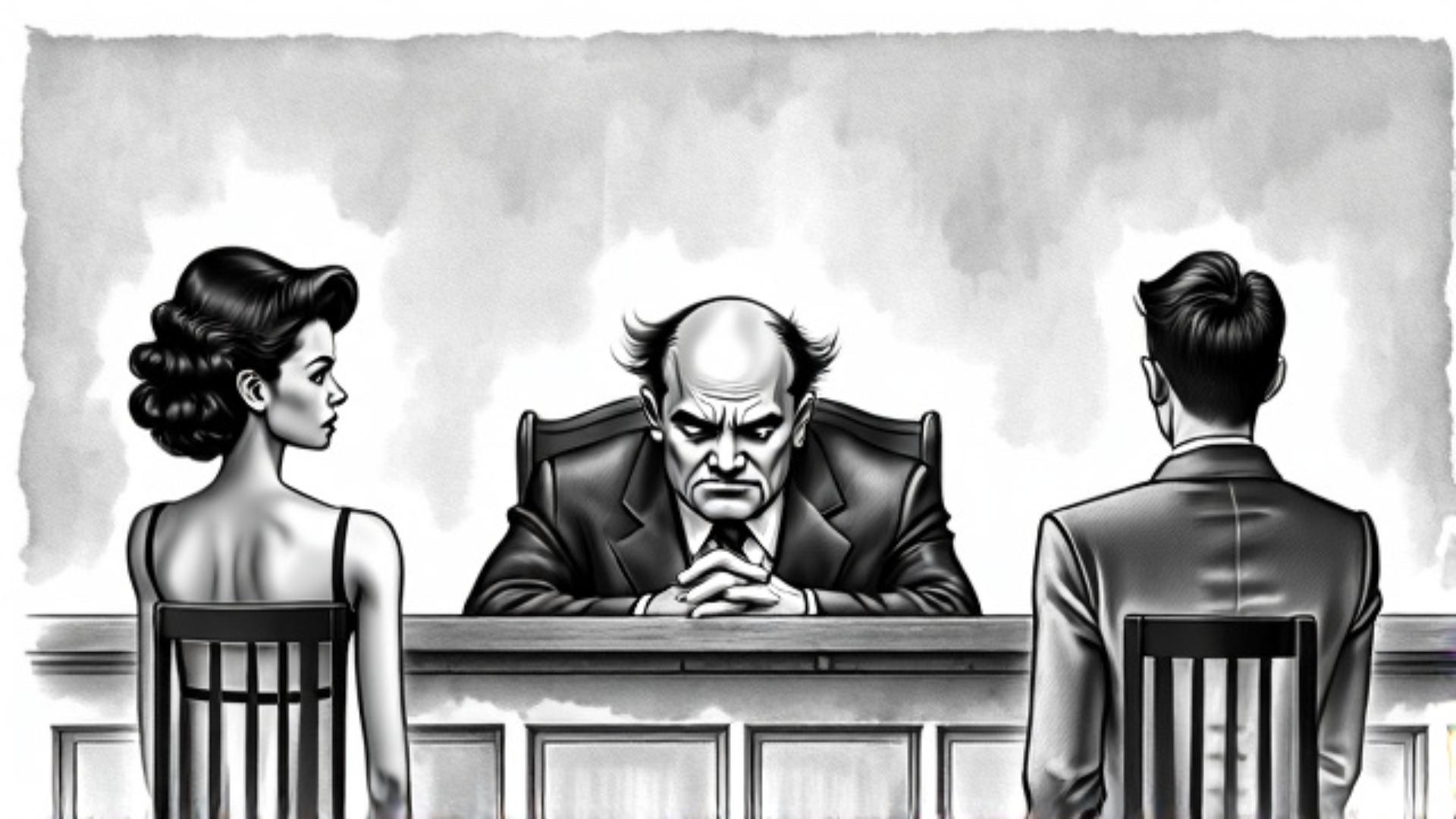couple in a bank office in front of manager, storyboard sketch style