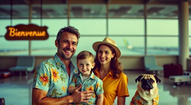 father mother son and pug at the airport wearing beach outfit