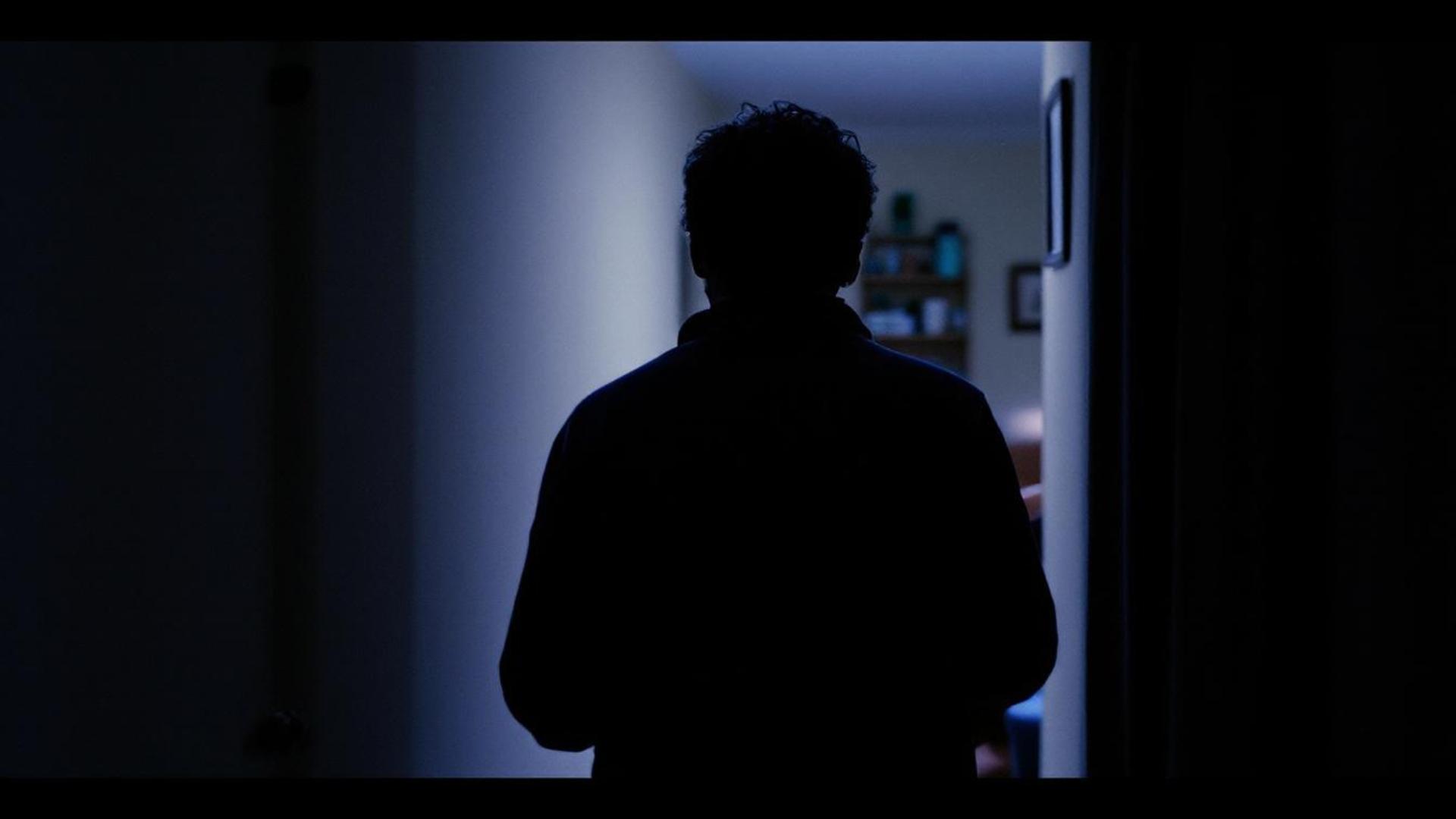 Black, Blue, White, Darkness, Standing, Light, Shadow, Backlighting, Human, Room