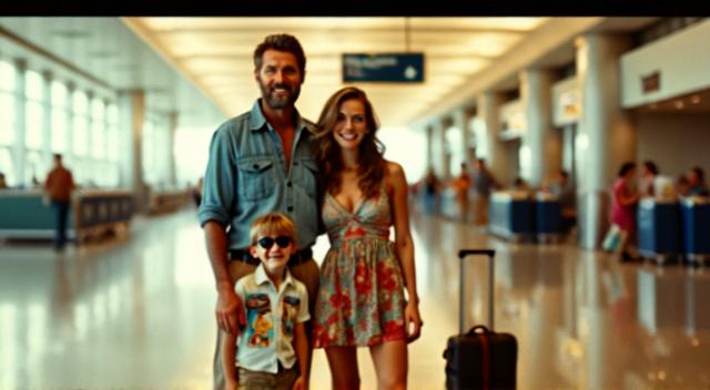 Family from Kazakhstan (father mother son and pug) at the airport wearing beach outfit