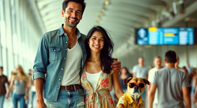 Asian family from Kazakhstan (father mother son and pug) at the airport wearing beach outfit