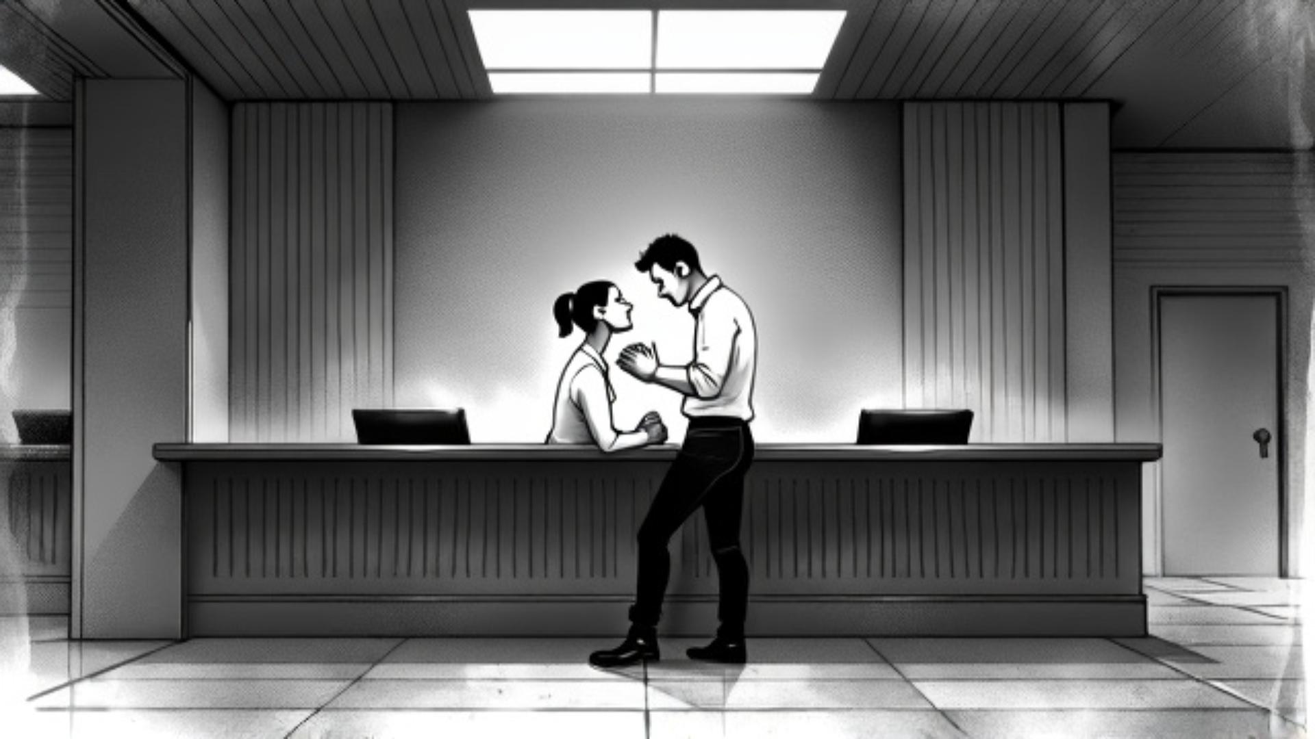 couple in a bank office, storyboard sketch style