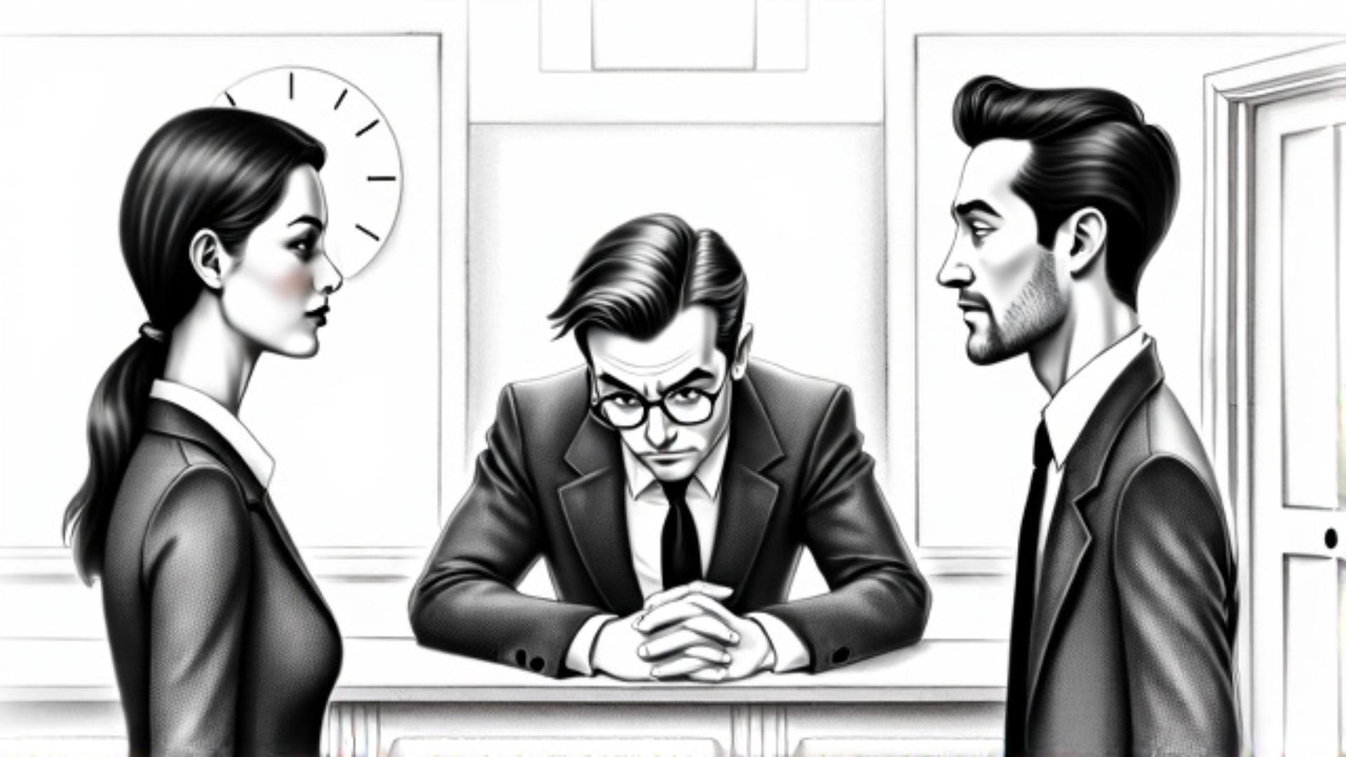 couple in a bank office in front of handsome manager in glasses, storyboard sketch style