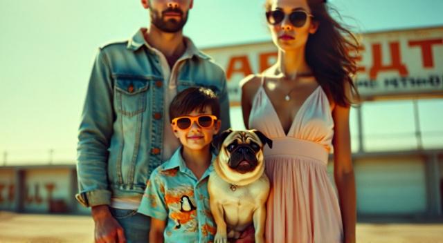 Asian family from Kazakhstan (father mother son and pug) at the airport wearing beach outfit