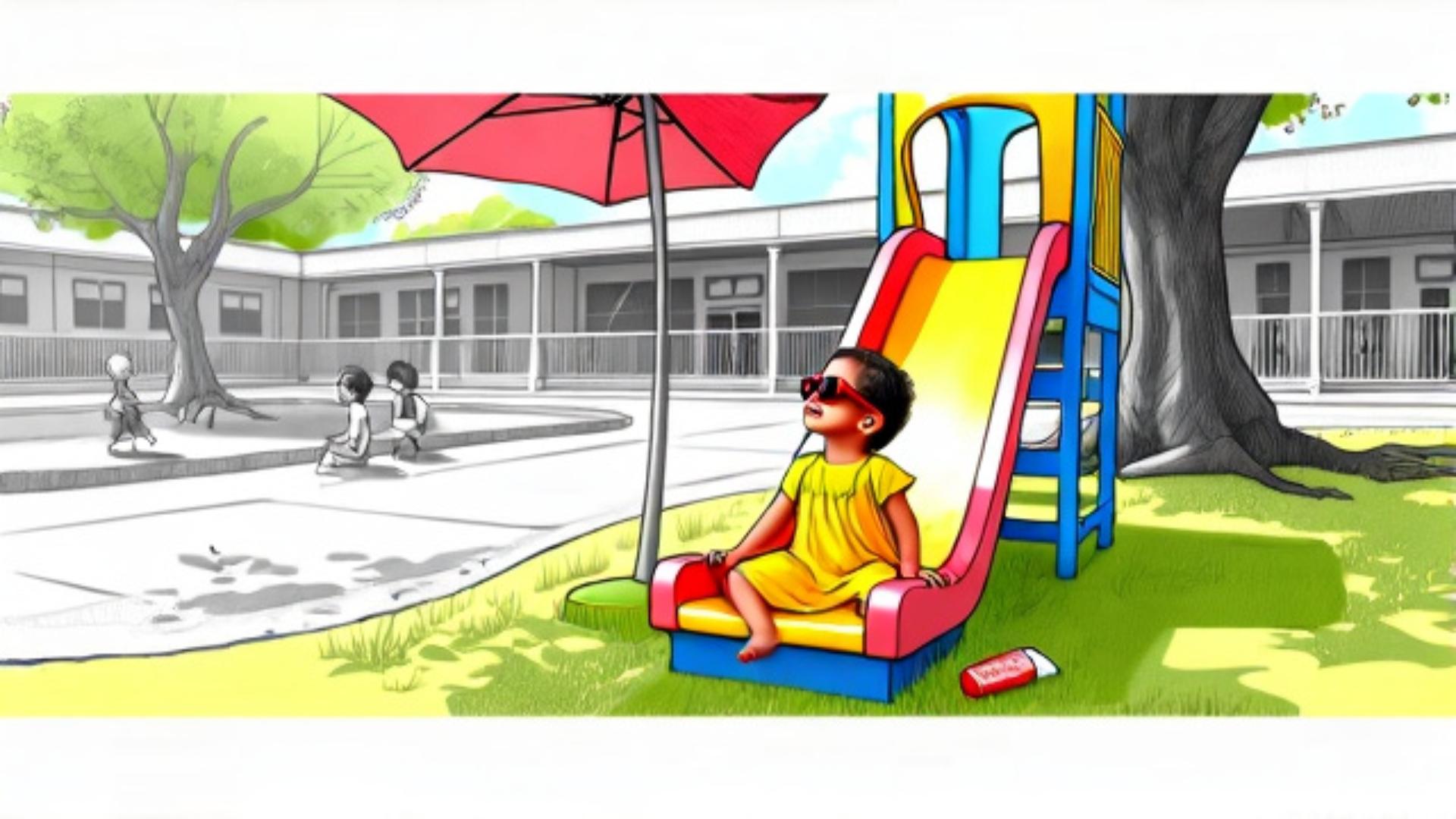 Public space, Play, Snapshot, Fun, Playground,  Recreation, Child, Toddler, Playground slide, umbrella, sunscreen, sunglasses