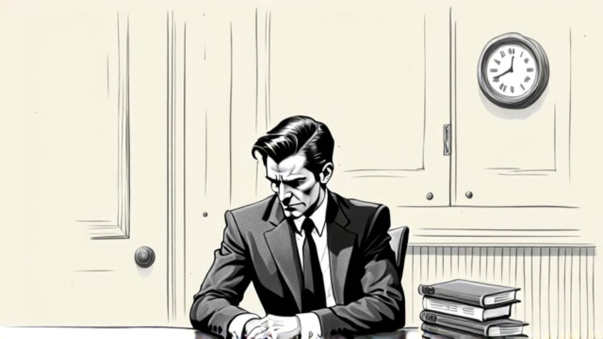 man and woman in a bank office, storyboard sketch style