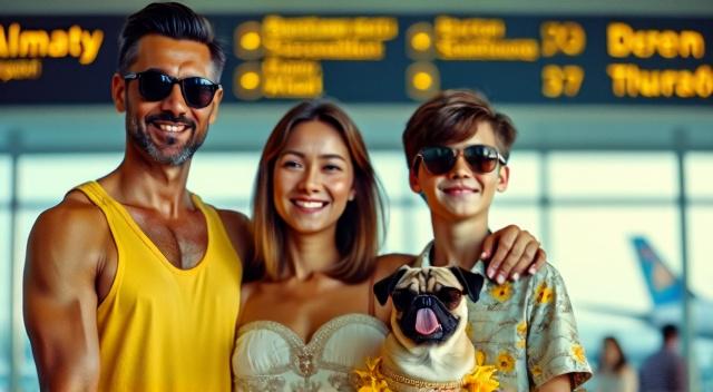 Asian family from Kazakhstan (father mother son and pug) at the airport wearing beach outfit