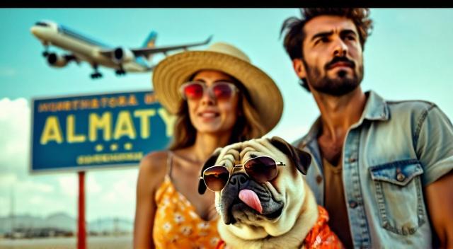 kazakh father mother son and pug at the airport wearing beach outfit