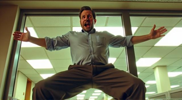 A big strong man hanging out of the window of an office block on a sunny day comedy tone in the style of the office