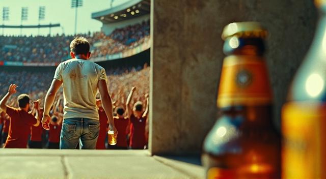 at soccer game stadium realistic a man is holding beers walking to his place at the stadium, the crowd is jumping for a goal infront of the man and he can't see the stadium, realistic