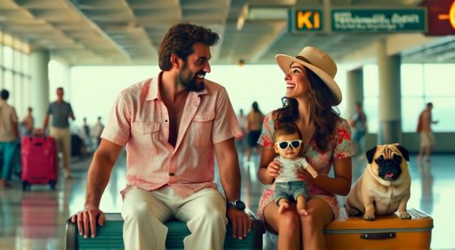 Family from Kazakhstan (father mother son and pug) at the airport wearing beach outfit
