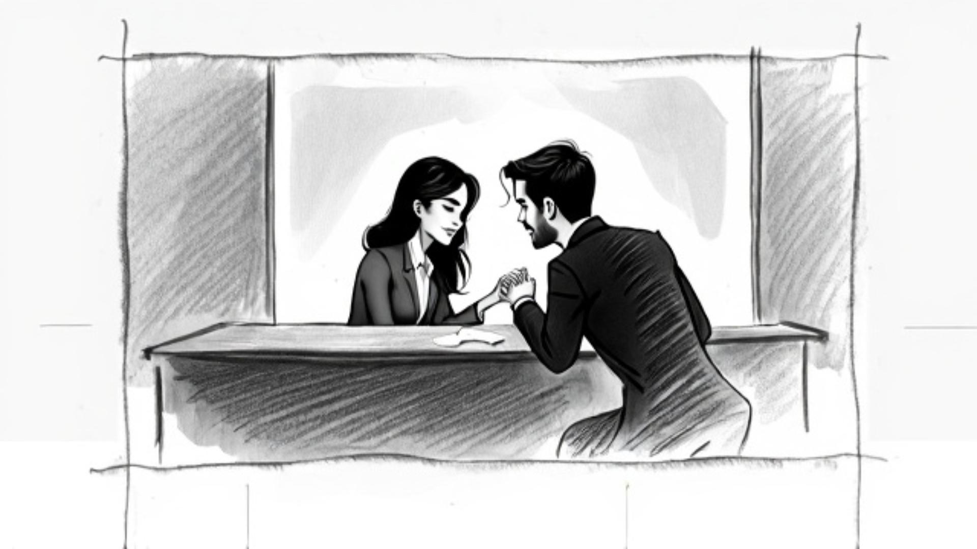 couple in a bank office, storyboard sketch style