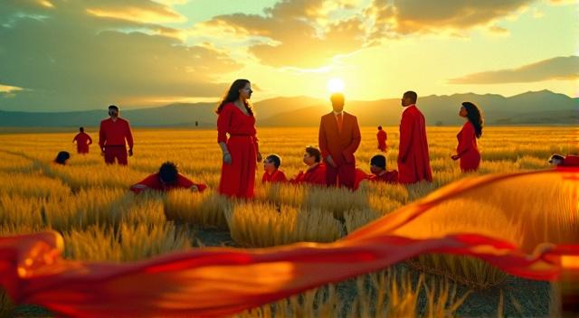 Landscape with people in red clothes