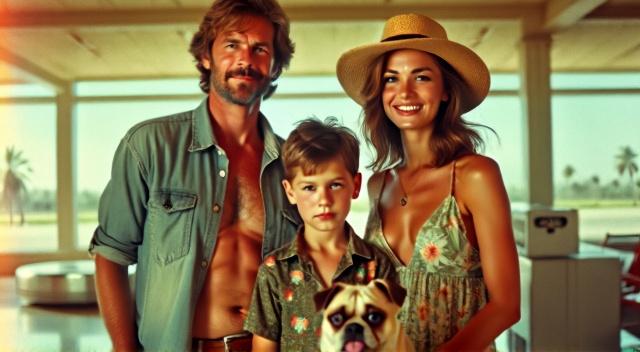 father mother son and pug at the airport wearing beach outfit
