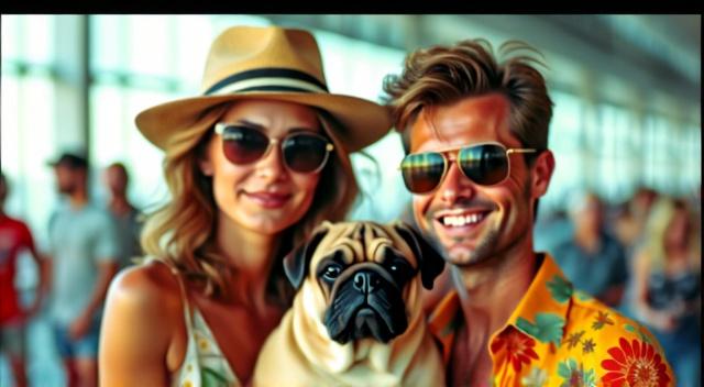 father mother son and pug at the airport wearing beach outfit