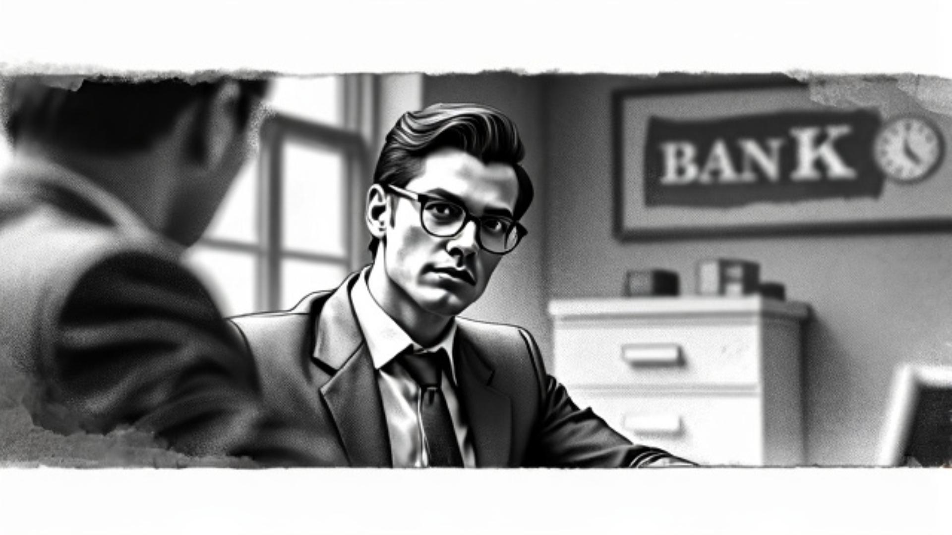 handsome young manager in glasses at bank office, storyboard style raw