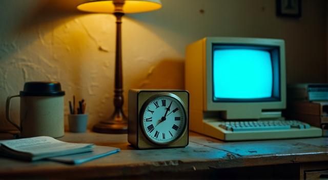 Clock white on the table with computer