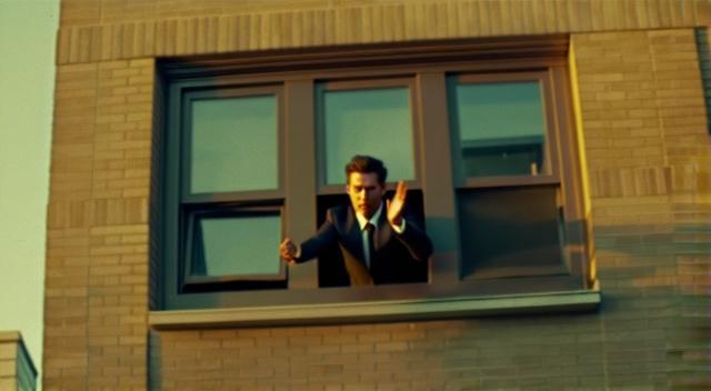 man full body hanging outside of second story window