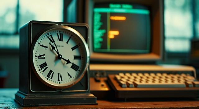 Clock white on the table with computer