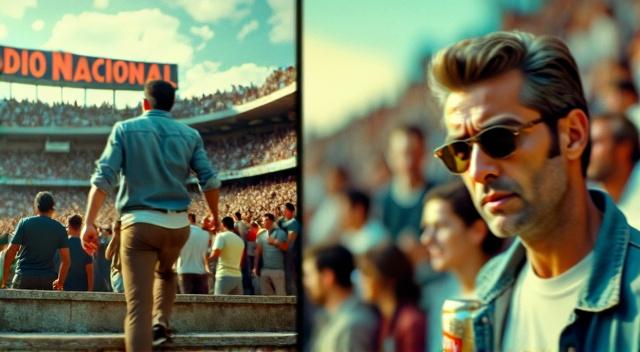 at soccer game stadium realistic a man is holding beers walking to his place at the stadium, the crowd is jumping for a goal infront of the man and he can't see the stadium, realistic