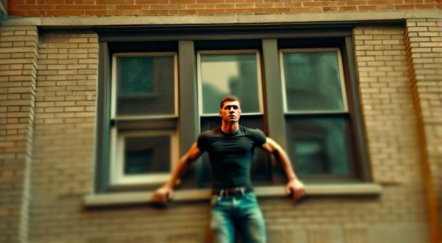 very strong man full body hanging outside of second story window