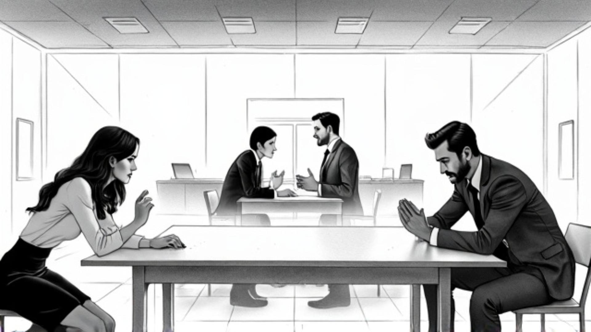 couple in a bank office, storyboard sketch style
