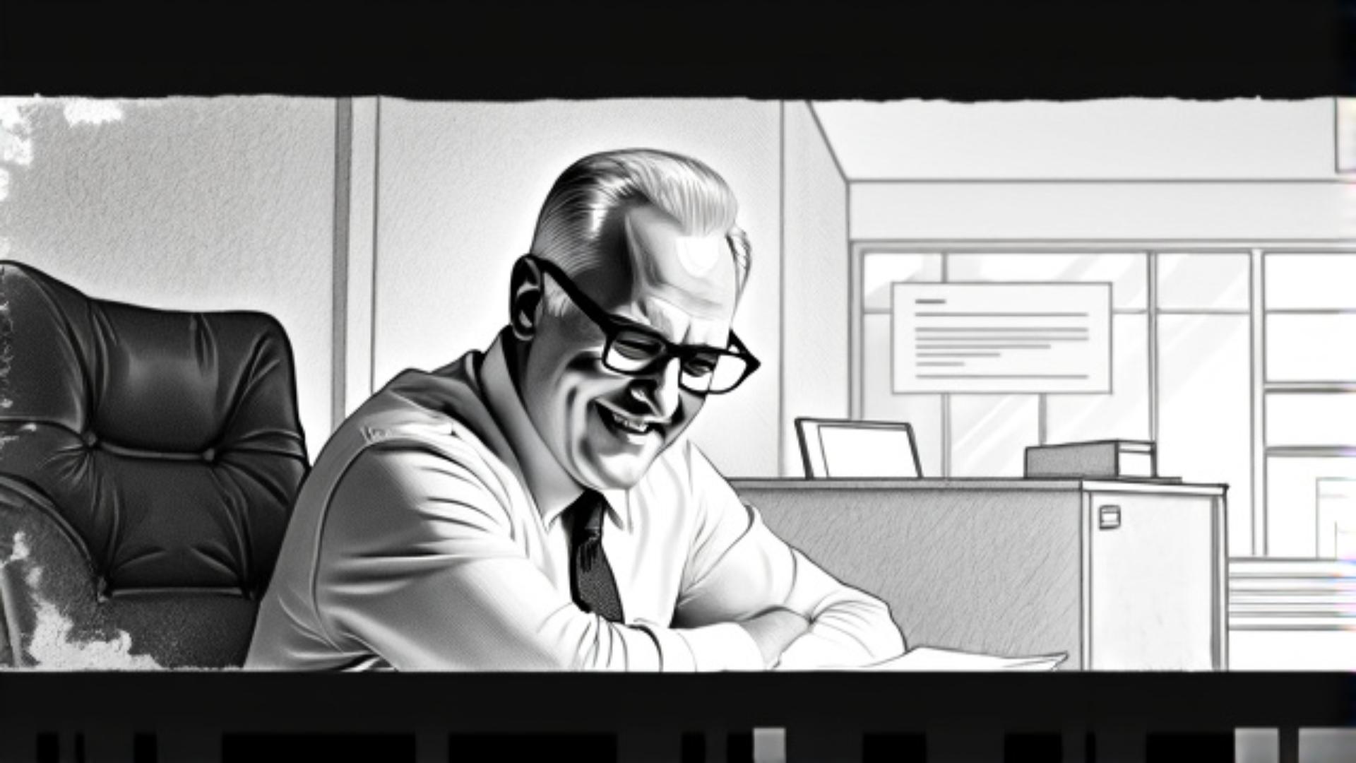 nice manager in glasses at bank office, storyboard style raw