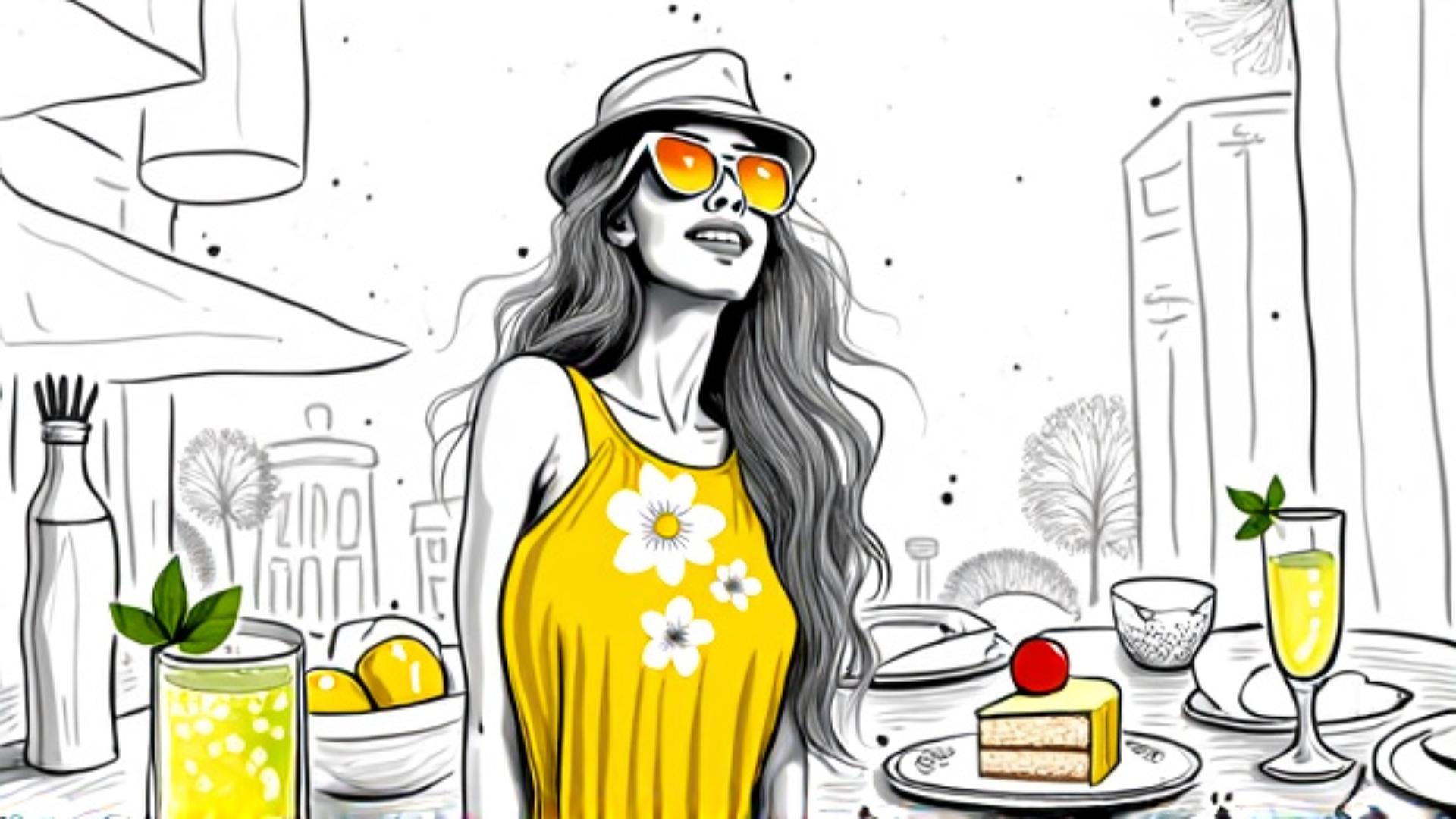 Tableware, Food, Dress, Plate, Eyewear, Fun, Waist, Long hair, Event, Drinkware