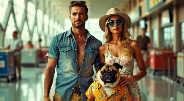 father mother son and pug at the airport wearing beach outfit