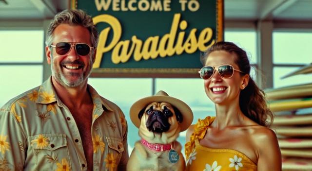 father mother son and pug at the airport wearing beach outfit