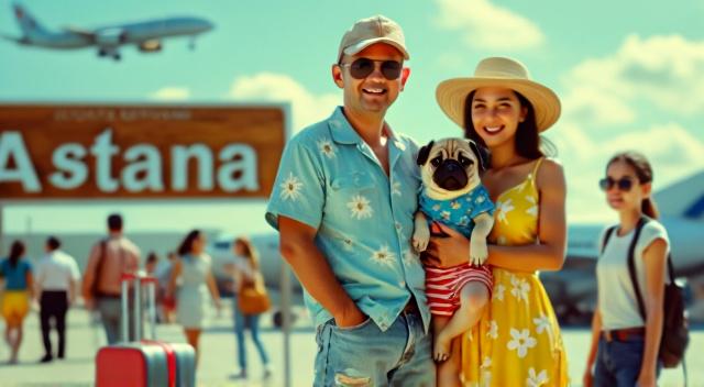 Asian family from Kazakhstan (father mother son and pug) at the airport wearing beach outfit
