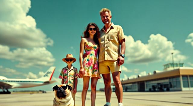 father mother son and pug at the airport wearing beach outfit